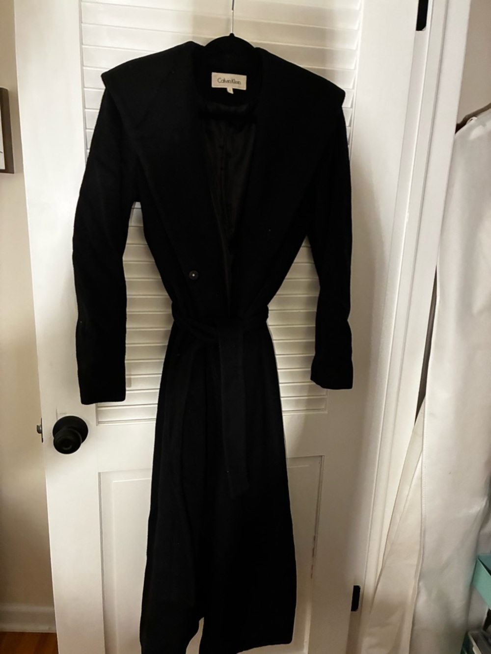 Calvin Klein Black Long Belted Trench Coat with Wide Lapel